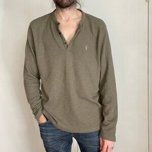 AllSaints Long Sleeve Henley Shirt Men's XXL Thermal Waffle Knit Olive Green